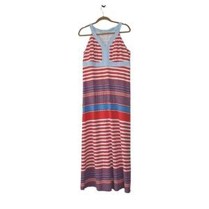 J. McLaughlin Sz L Striped V Neck Maxi Dress High Waist Pink Blue Catalina Cloth